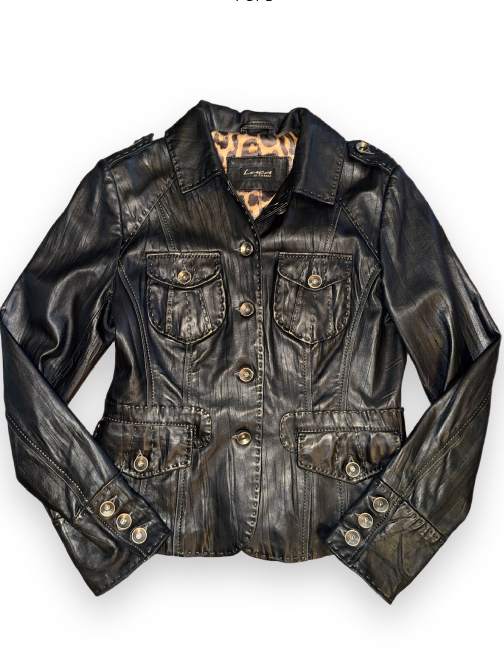 Luca Di Firenze Small Leather Jacket Exposed Stitching Silver Buttons Grunge Y2K